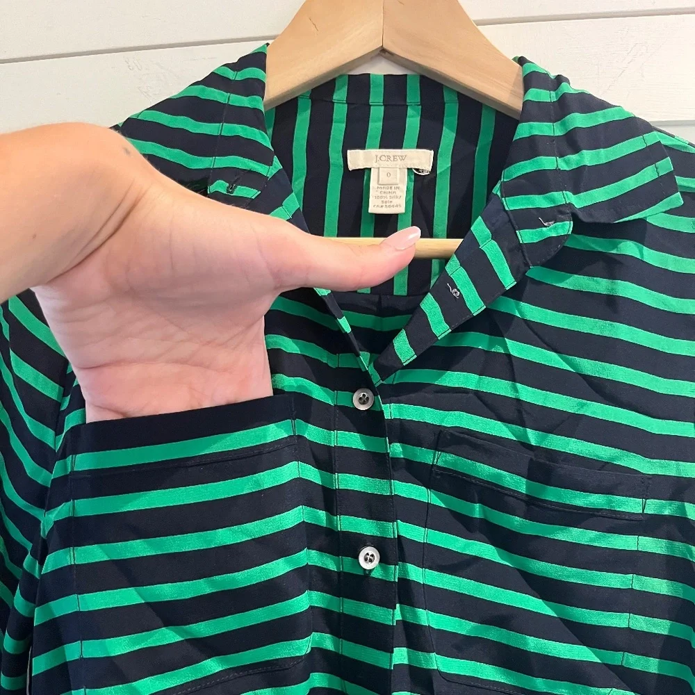 J. Crew Green and Navy Striped Button Down
